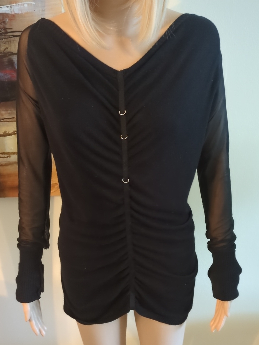Buffalo David Bitton Ruched Sheer Sleeve Tunic Black Large Like New